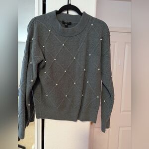 Ann Taylor Pearl Embellishment Diamond Pattern Sweater in Grey
